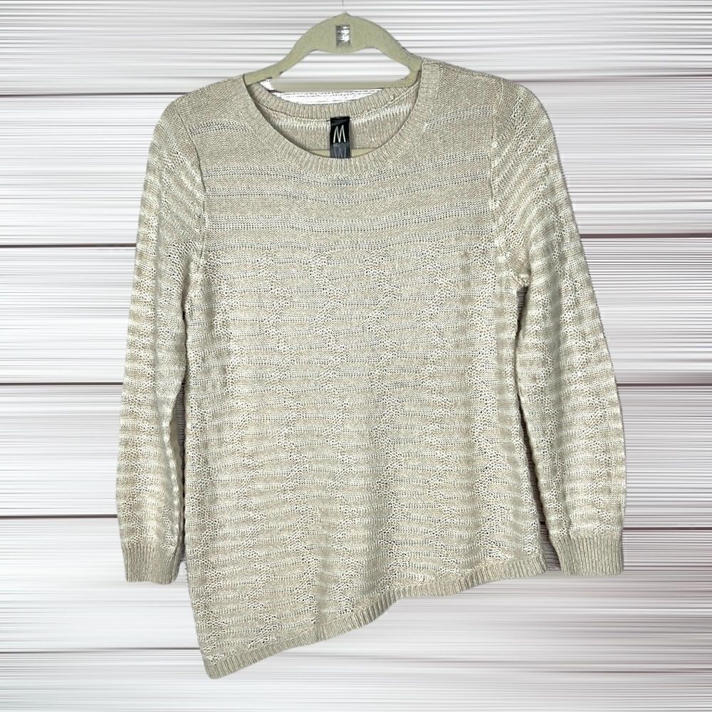 MARLAWYNNE Cotton Linen Blend Crew Neck Beige Sweater Top Asymmetrical Hem